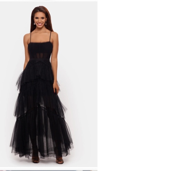 Betsy & Adam Tiered Tulle Ruffle Gown Size 2 Black Maxi Dress Corset - Picture 6 of 14